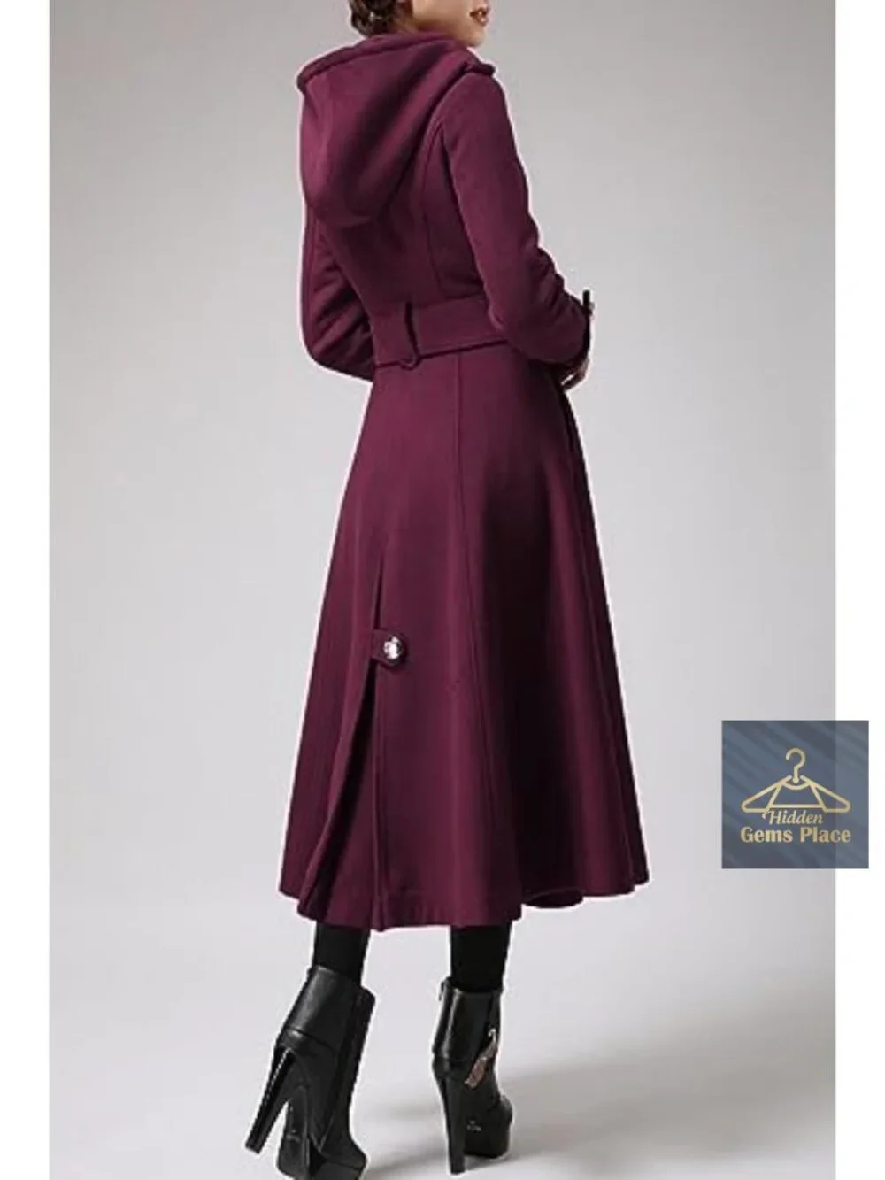 Women's Extra Long Double-Breasted Hooded Wool Blend Trench Coat